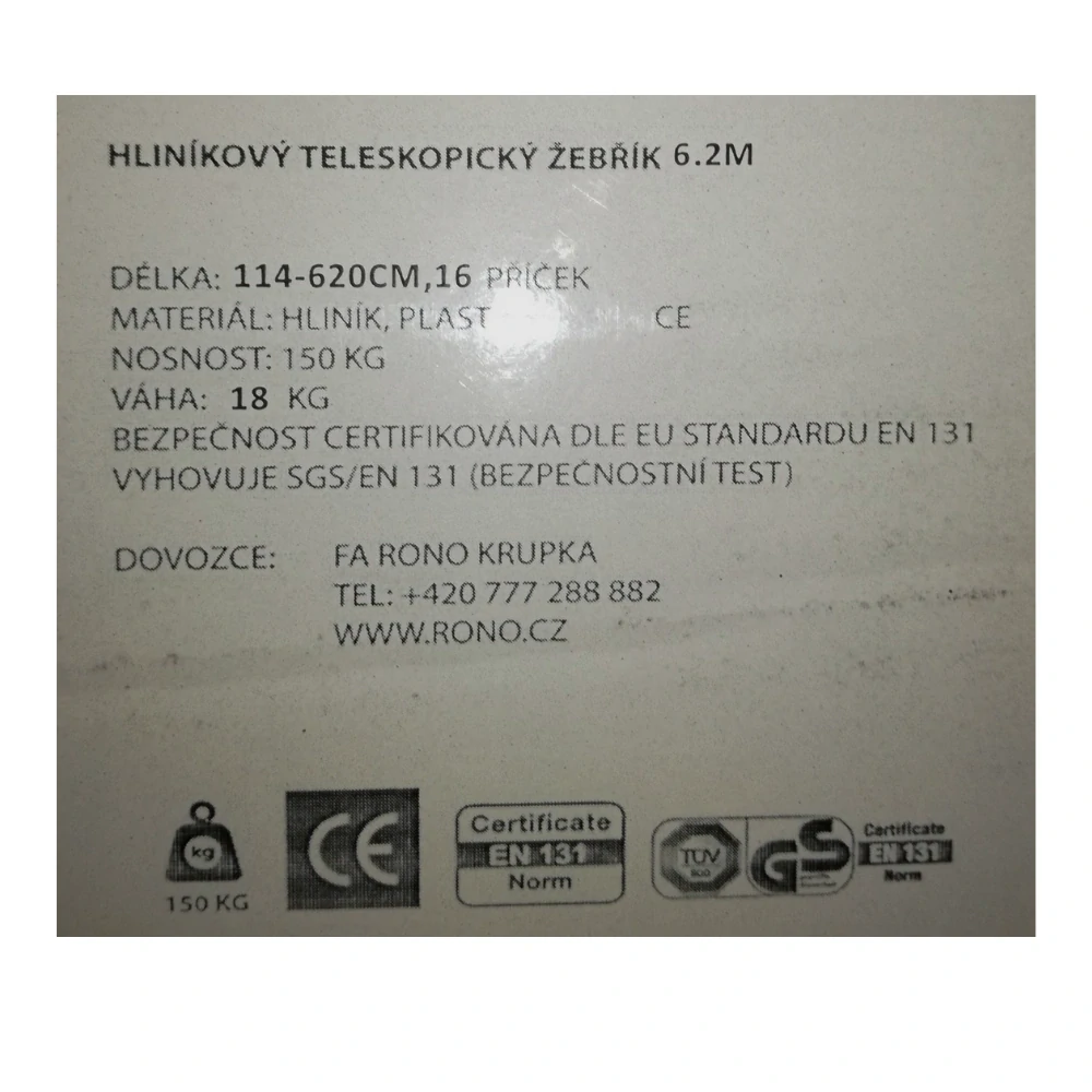 Teleskopický hliníkový žebřík RONO STANDARD 6,2 m